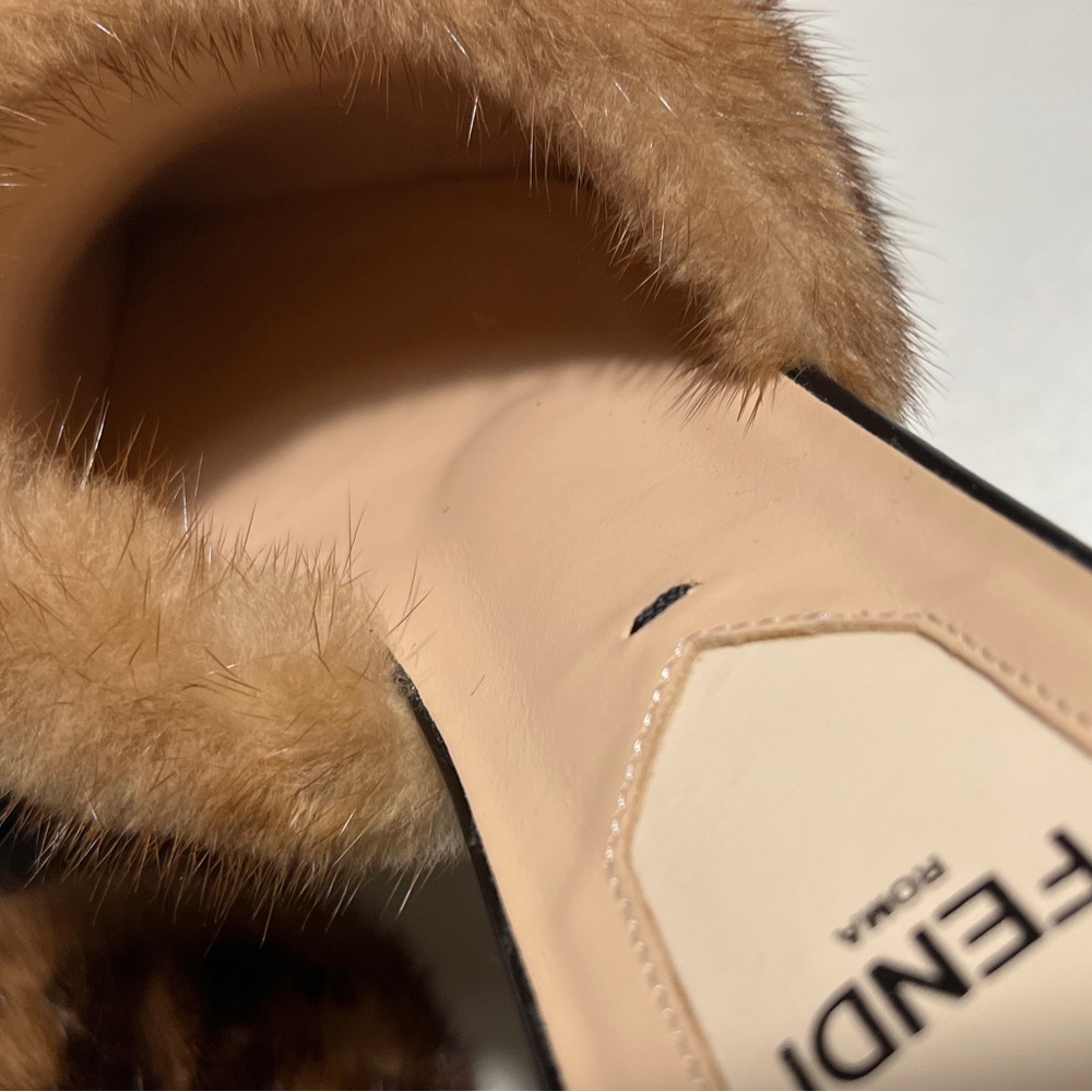 Fendi Black Leather Pointed Mules with Brown Logo Fur Band - Picture 9 of 11